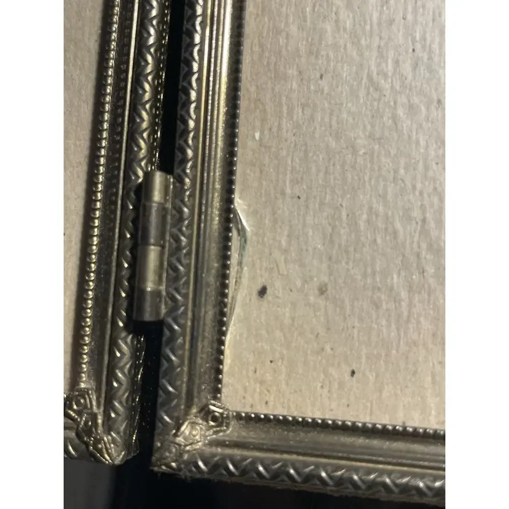 Vintage Brass Tone Tri-Fold Picture Frame Triple Hinged 5x7 Ornate Glass